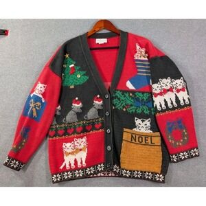 VTG Sweater Loft Cat Christmas Cardigan USA Made Large Holiday Cats Sweater 80s